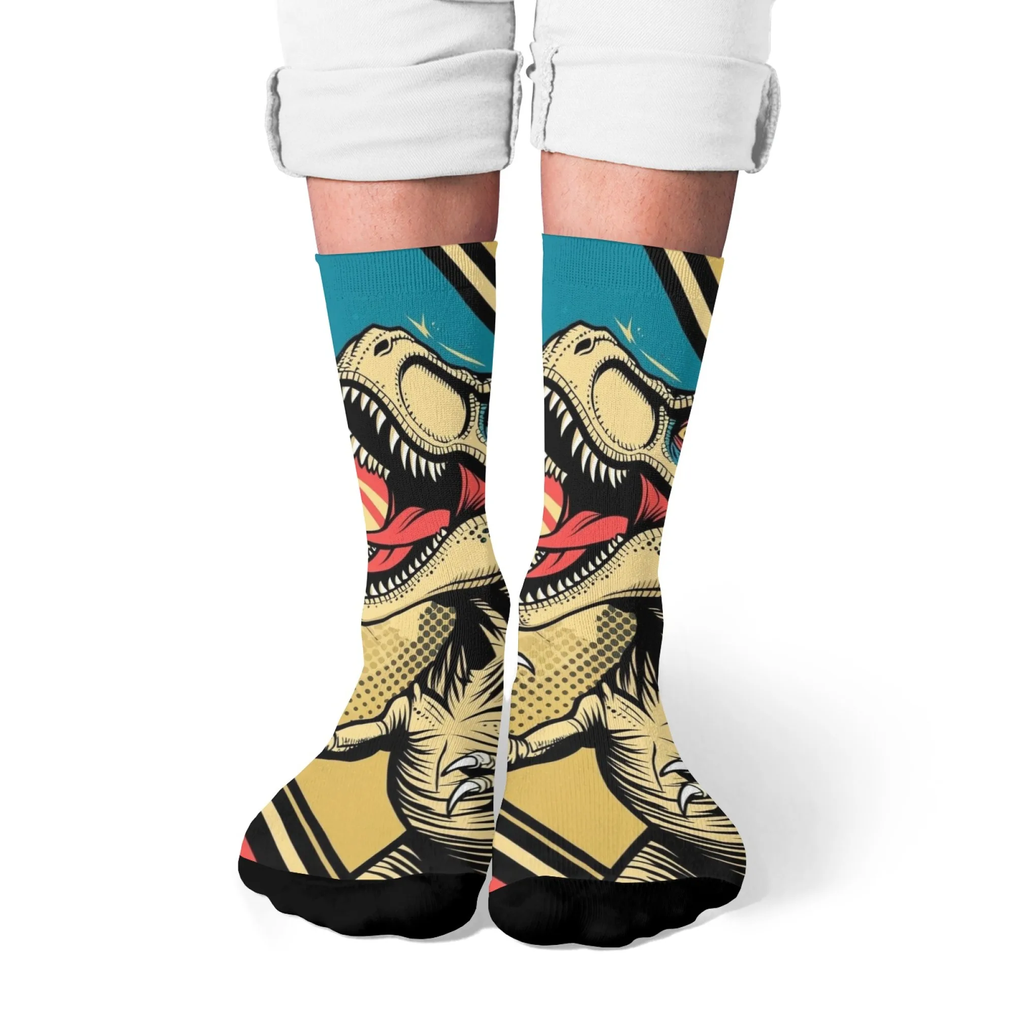 Kolorowe, stylizowane skarpetki z dinozaurem T-rexem, skarpetki załogowe w stylu retro komiksowym, nowatorskie, zabawne skarpetki w stylu vintage streetwear.