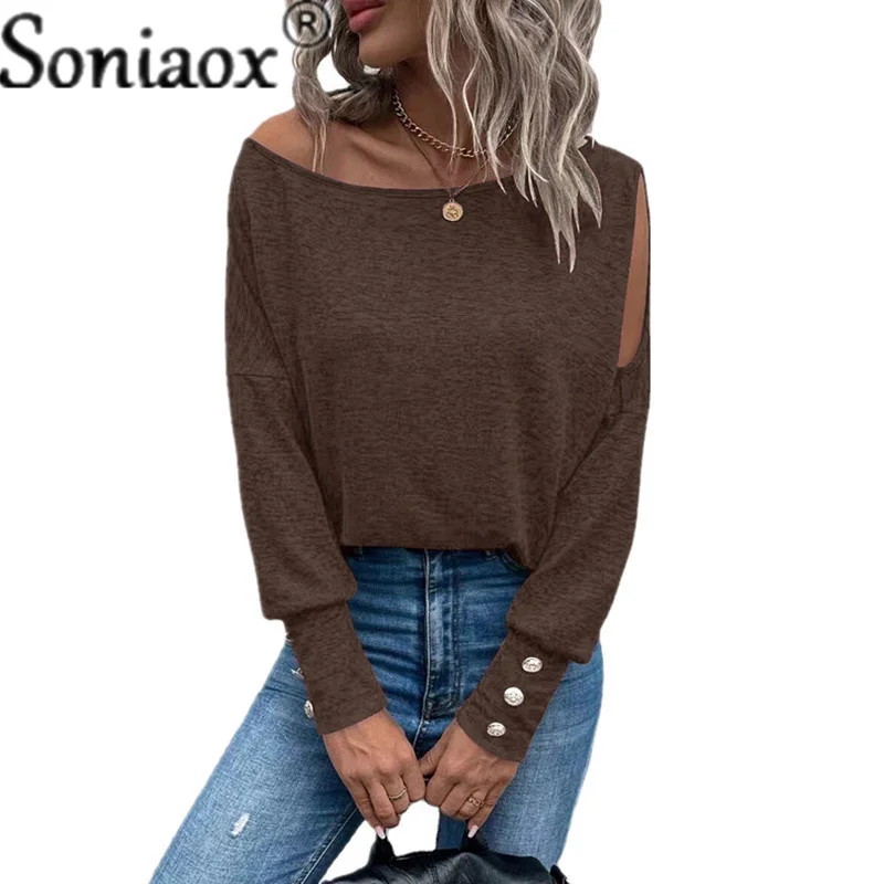 Fashion T-shirt Off The Shoulder Women Button Splicing Long Sleeves 2022 Autumn Solid Color Loose Street Casual Tops Ladies Tees