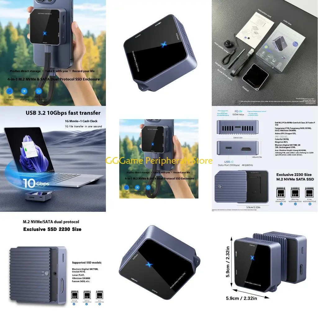 

U55B Square M.2 SSDs Enclosure Two NVMe SATAs USB 3.2 10Gbps 4K HDTV PD100W Charging Alloy Glass Design