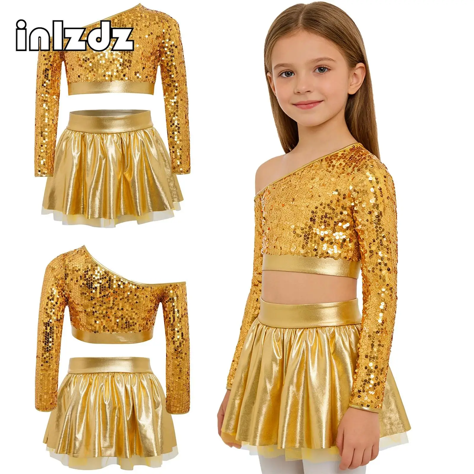 

Kids Girls Jazz Dance Performance Sets One Shoulder Long Sleeve Sequins Top with Skirt for Stage Show Dance Party Competition