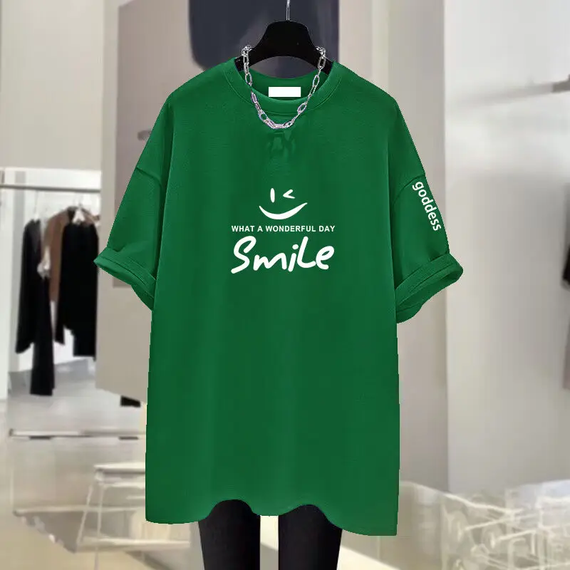 Summer Chic Hand-painted Letter Printing Top Tees Women Pure Cotton O-neck Short Sleeve Basic T-shirt Loose Pullover 45-105Kg