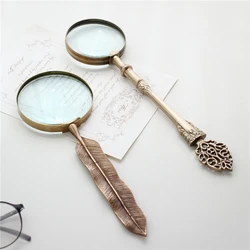 Brass Magnifier Vintage Handmade Carving Crafts Feather Women Elderly HD Handheld Reading Magnifier Gift Home Decor Ornaments