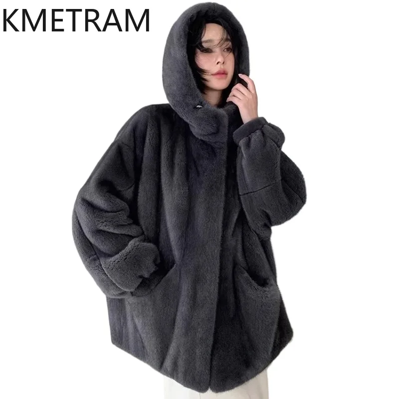 KMETRAM 100% chaqueta de piel de visón entera para mujer, abrigo de piel de visón auténtica de longitud media de alta calidad, ropa de invierno con capucha para mujer 2026 Fourrure