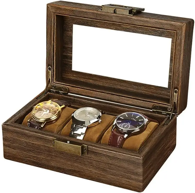

Men's 3-Slot Watch Box, PU Leather with Glass Lid, Watch Organizer Storage Case - Brown
