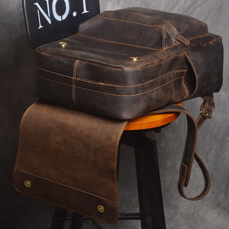 Vintage Leather Men\'s Backpack Large Capacity 15.6 Inch Laptop Bag Crazy Horse Leather Retro Travel College School Backpack