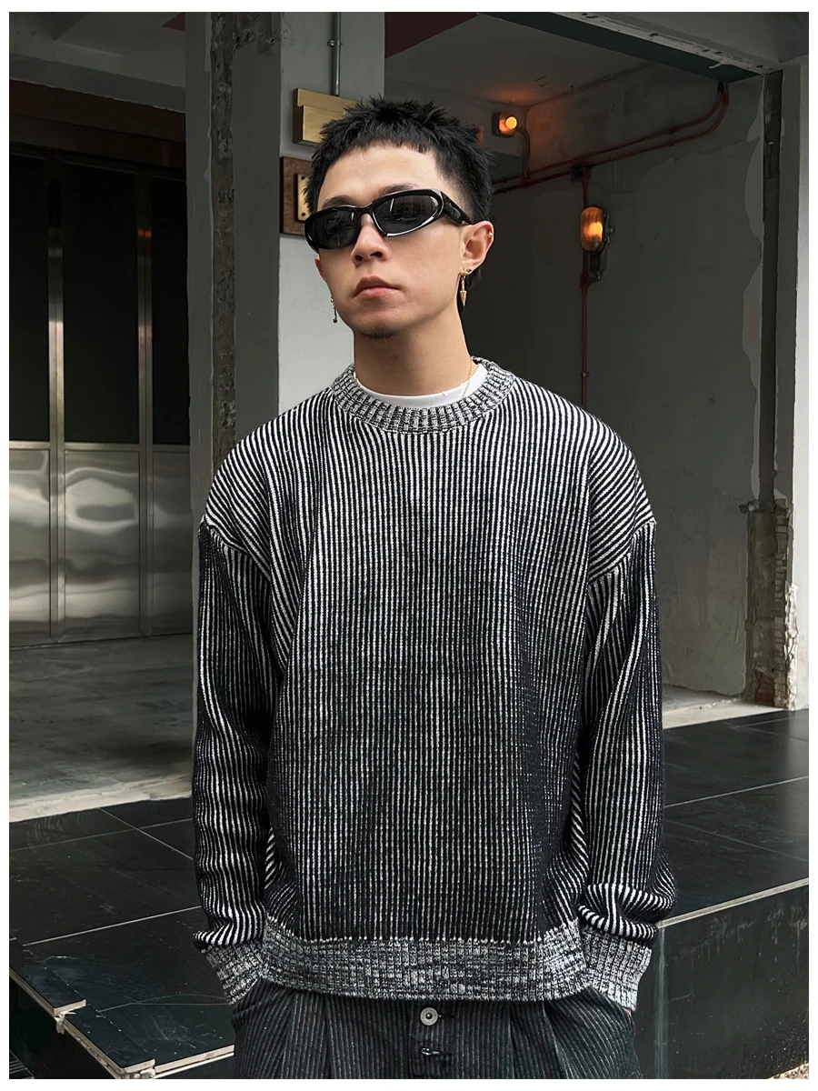 

SlowGang Men's Boxy Loose Fit round Ne Knit Sweater Spring 2026 Double Color ort Wide Sle American Street Faion