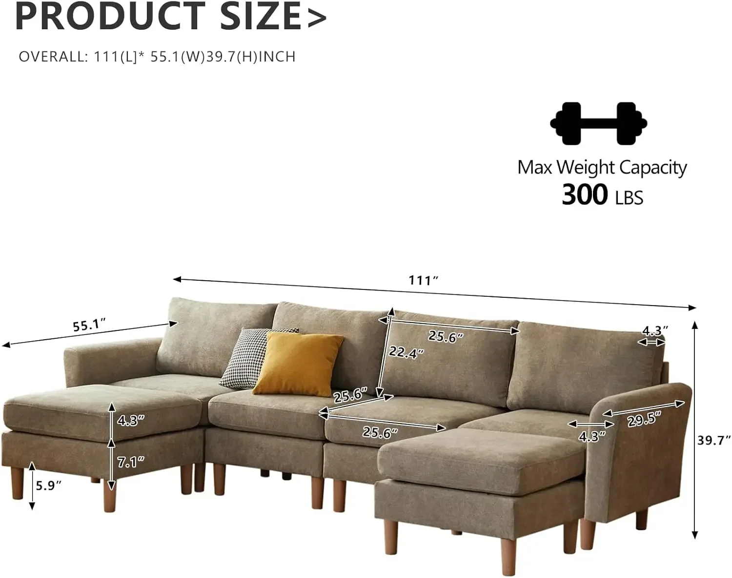 Convertible U Shaped Sofa Modular Sectional Sofa Couch Reversible Chaise Mid Century Modern Polyester Fabric Couches Khaki