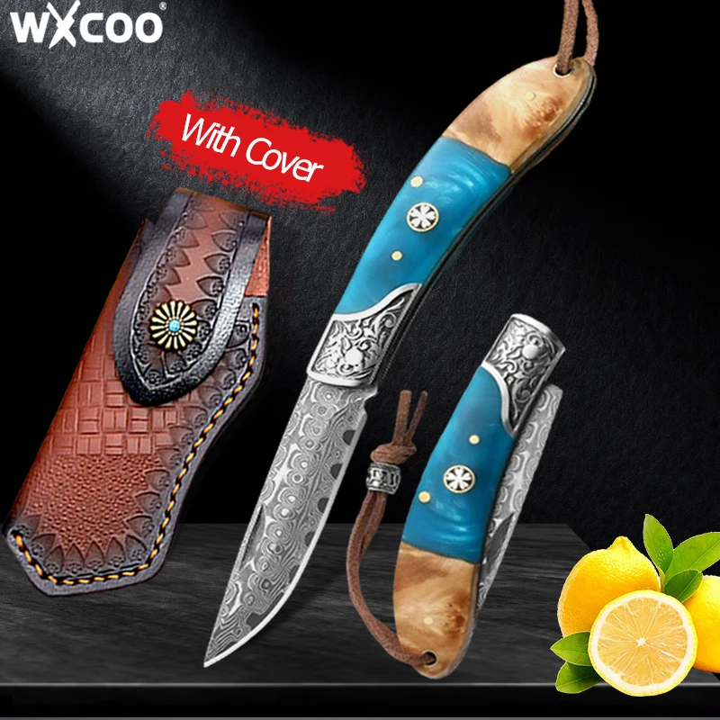 

WXCOO Профессиональный складной нож с дамасским узором, резка мяса, очистка фруктов для кухни, универсальный карманный нож с ножнами