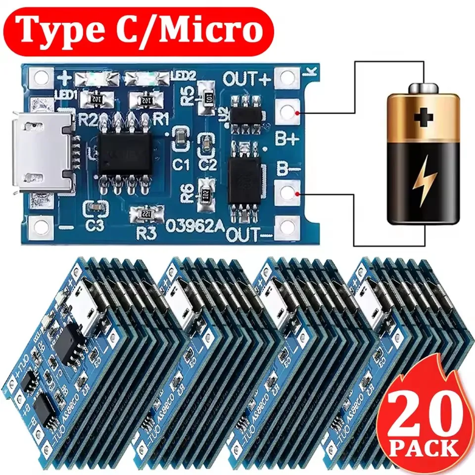 1/5/10/20Pcs 5V 1A Charger Board Micro USB/Type C 18650 Lithium Battery Charging Module with Dual Protection Functions