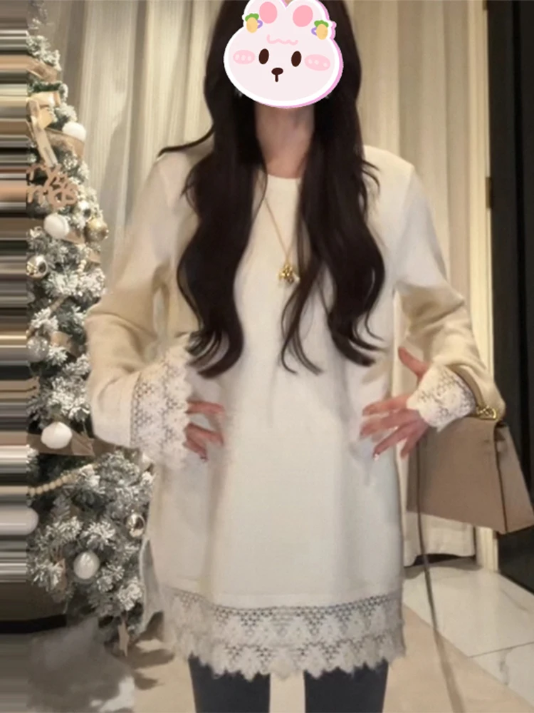 

Шикарный вязаный топ с кружевной отделкой и круглым вырезом для женщин, свободный крой, повседневный, зимний, новинка, модный, стройнящий, для ежедневной носки