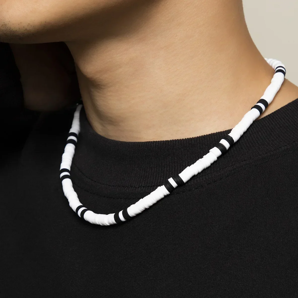 Trendy European Bohemia White Black Soft Polymer Beads Necklace Men Contrast Color Geometric Necklace for Men Jewelry LY-02