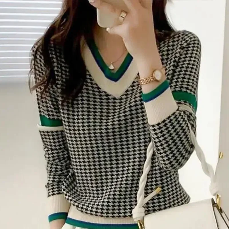 

Winter V-neck Houndstooth Casual Fashion Sweater Ladies Simple All-match Knitting Jumper Top Women Loose Pullover Outwear LJ67