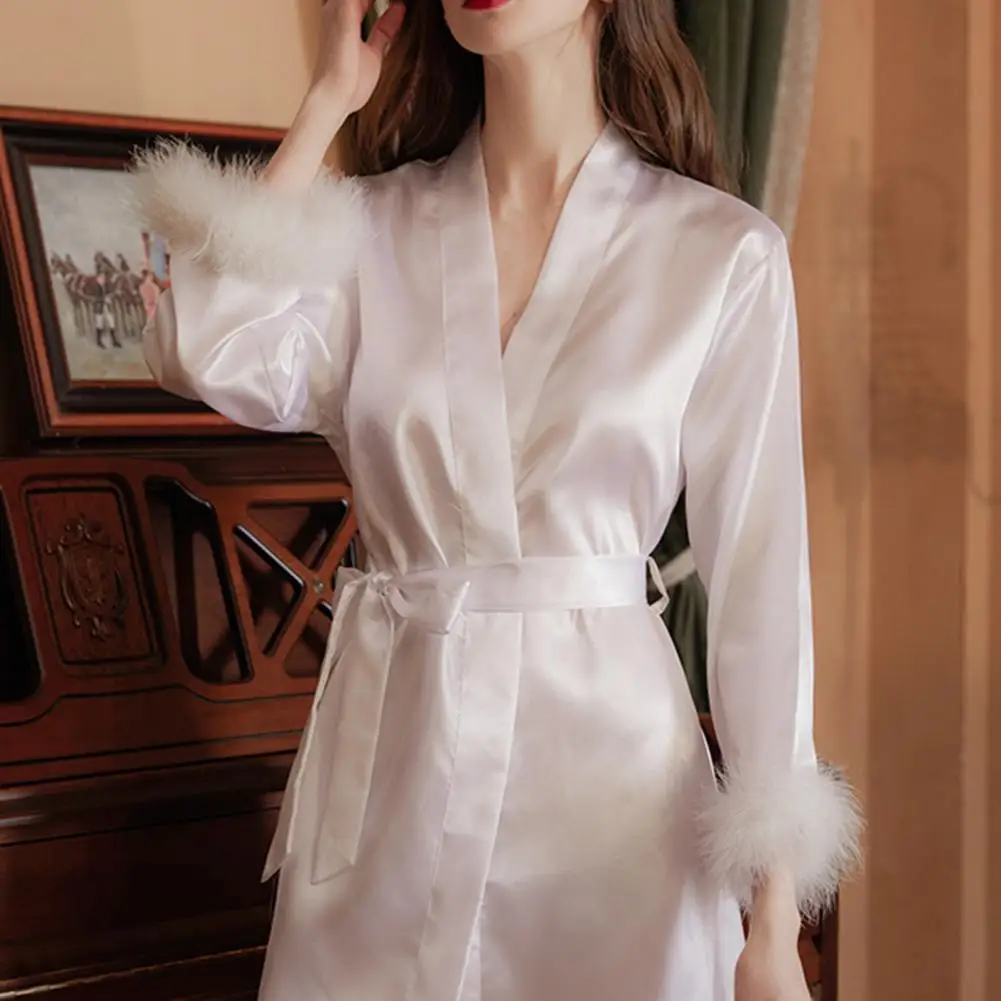 Imitation Silk Women Nightgown Solid Color Faux Fur Trim Adjustable Waist Tie Satin Sleepwear Weddings Bride Morning Robe