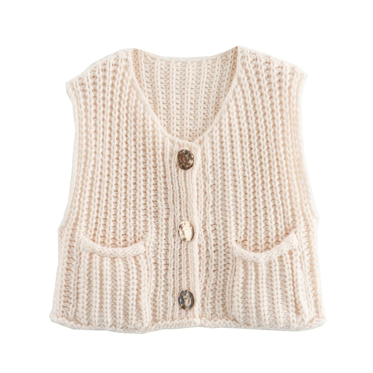 EDSA Women Knitted Cardigan Vest with Gold Buttons Y2K Female Sweater Waistcoat Single Breasted O-Neck Fashion Streetwear