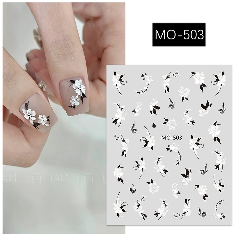 5d Embossed Nail Art Stickers Retro Hand Painting White Pink Petals Flowers Sliders Decals Decorated Nail Manicures