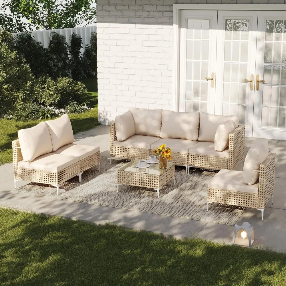 

7-Piece All-Weather Patio Set – PE Wicker Sectional Sofa, Coffee Table & Thick Cushions​