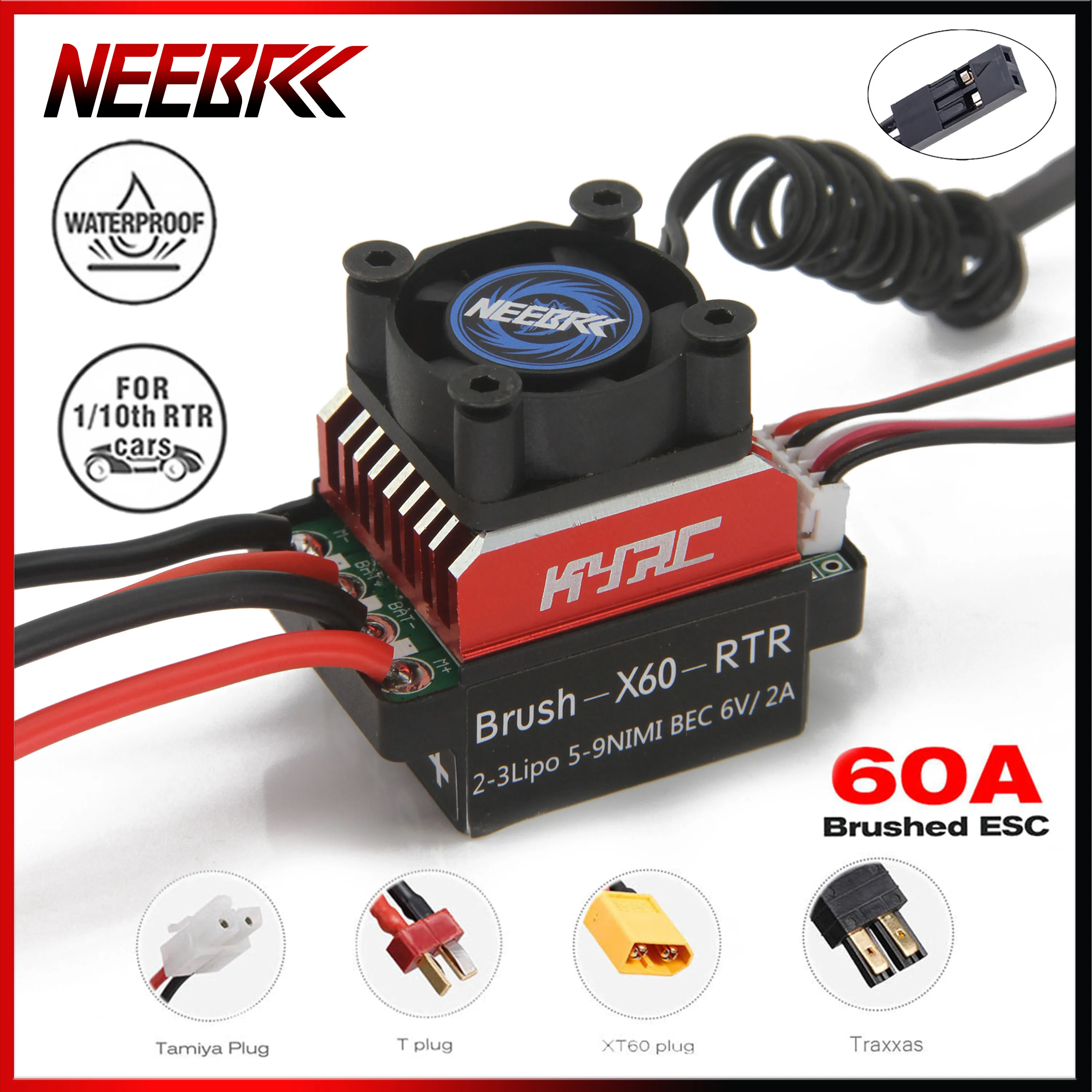 

NEEBRC 60A Brushed ESC with 25mm Cooling Fan for 540/550 Motor 1/10 RC Car Traxxas D90 HSP Redcat Axial Scx10 RC4WD HPI Boat Toy