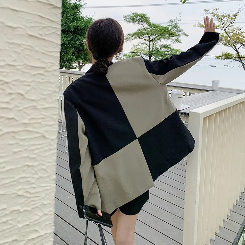 

SuperAen Spring Autumn 2024 New Design Patchwork Color Contrast Blazer for Women Loose Casual Long Sleeve Jacket