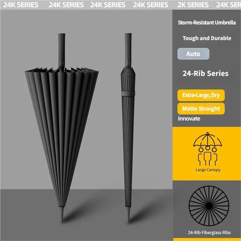 Extra Large 24 Ribs Automatic Umbrella, Double Layer Windproof Stormproof Big Rain Umbrella, Long Handle Family Outdoor Travel U