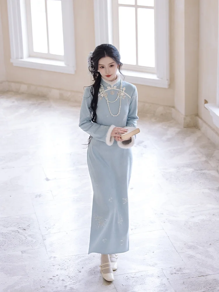 Chuan Dai iguang Ling Yue Hui Embroidered Improved Suede Flag Robe Furry Cloak Outerwear Autumn Winter Set Women's Hanfu