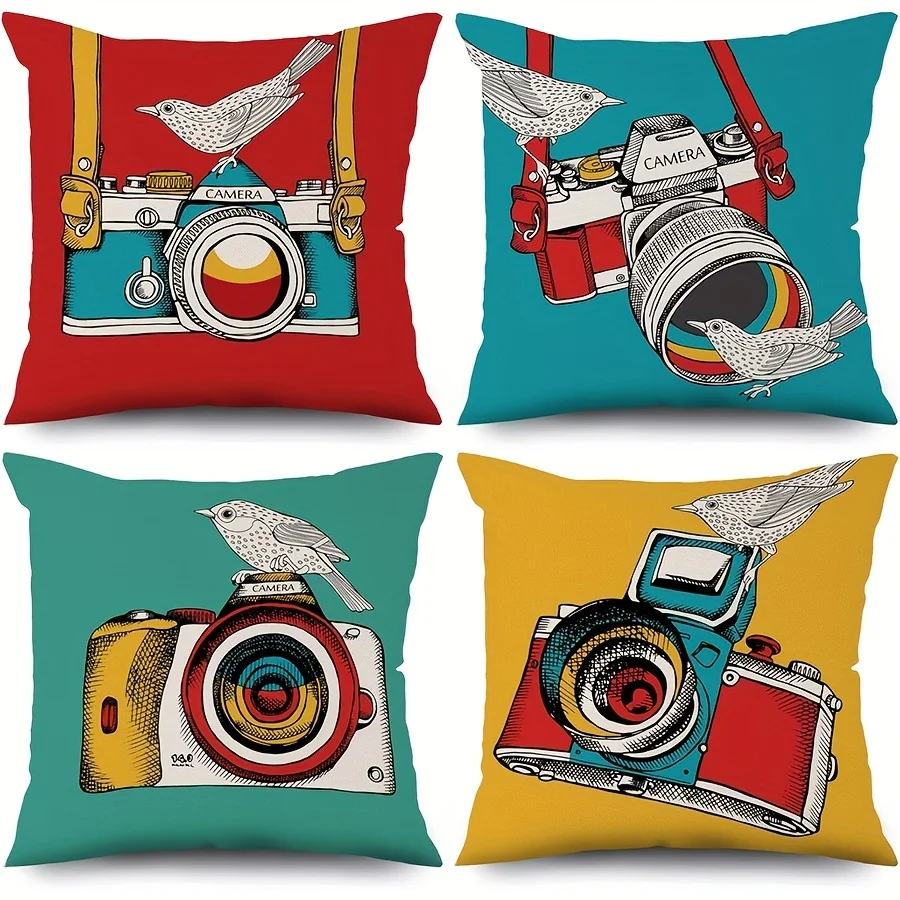 4pc Cartoon camera and sparrow Single-sided printing Short plush Suitable living rooms bedrooms sofas (excluding pillow cores)
