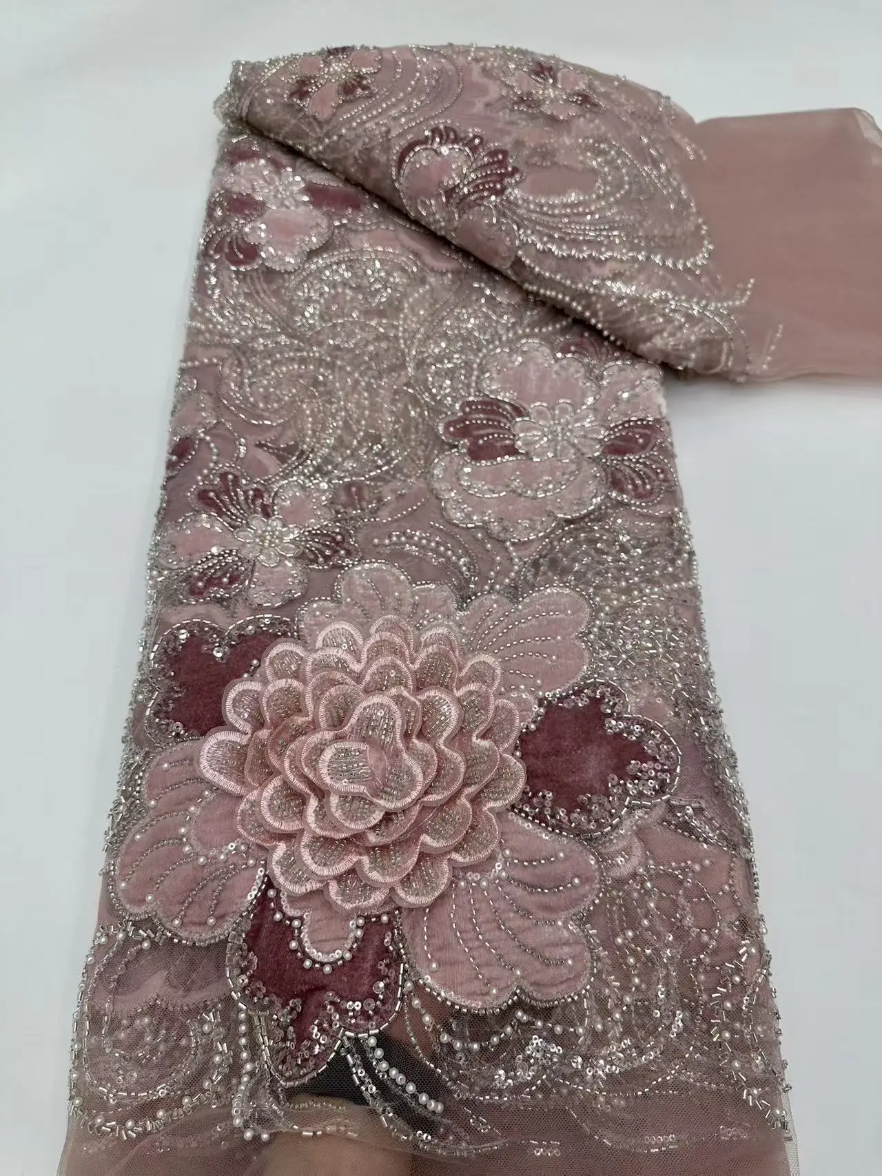 Top Quality African Fabric Woman Handmade African Lace Embroidered Beads Net with Sequins Colorful Evening Party Dress M744-1