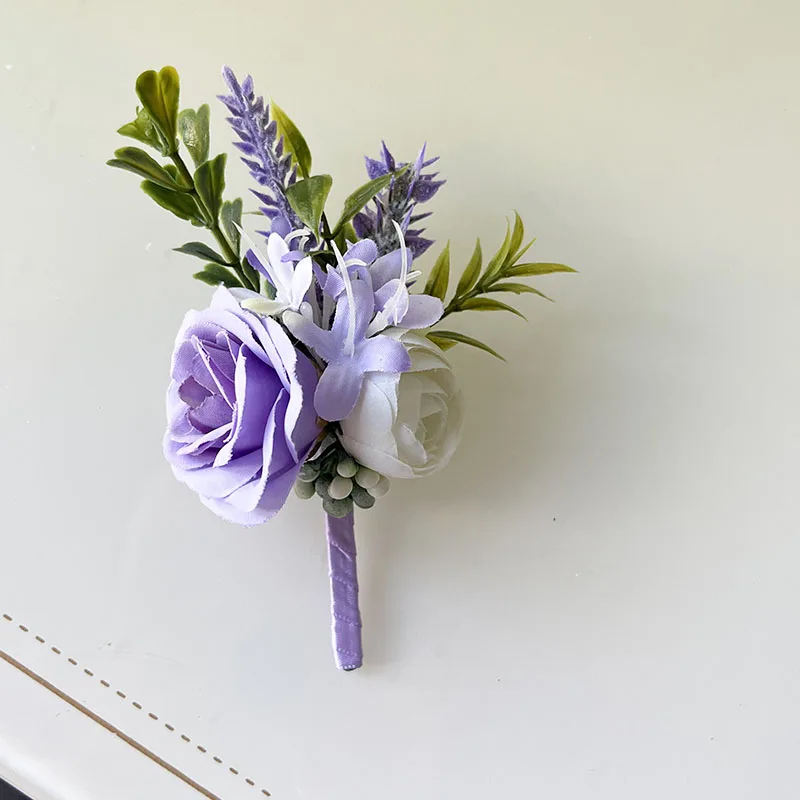 ผู้ชาย Buttonhole Boutonniere พรหมอุปกรณ์จัดงานแต่งงานดอกกุหลาบสีม่วงประดิษฐ์ดอกไม้ Party Graduation Ceremony ชุดตกแต่ง