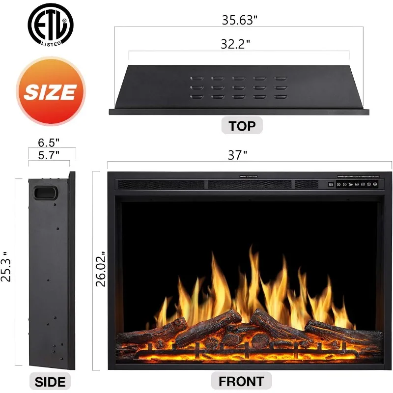 R.w.flame-電気暖炉インサート、37インチ、調整可能な炎、ログカラー、速度と明るさ、リモコン