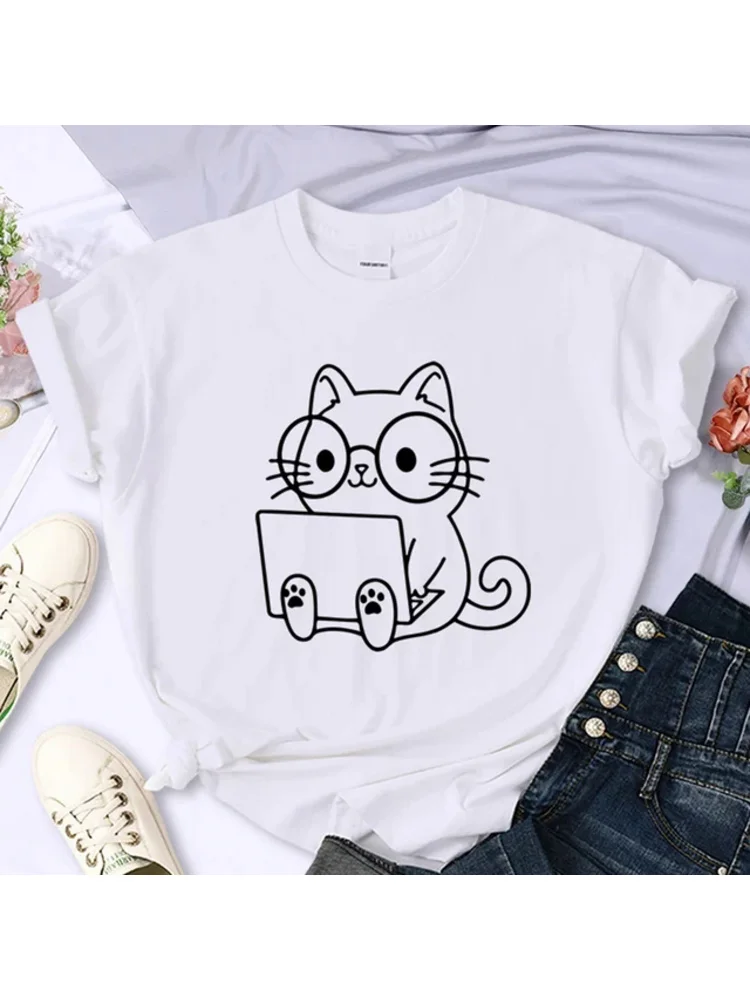 女性用半袖Tシャツ,カジュアル,クリエイティブ,ストリート,仕事,学習,猫のスケッチ,個性,トレンド,衣類