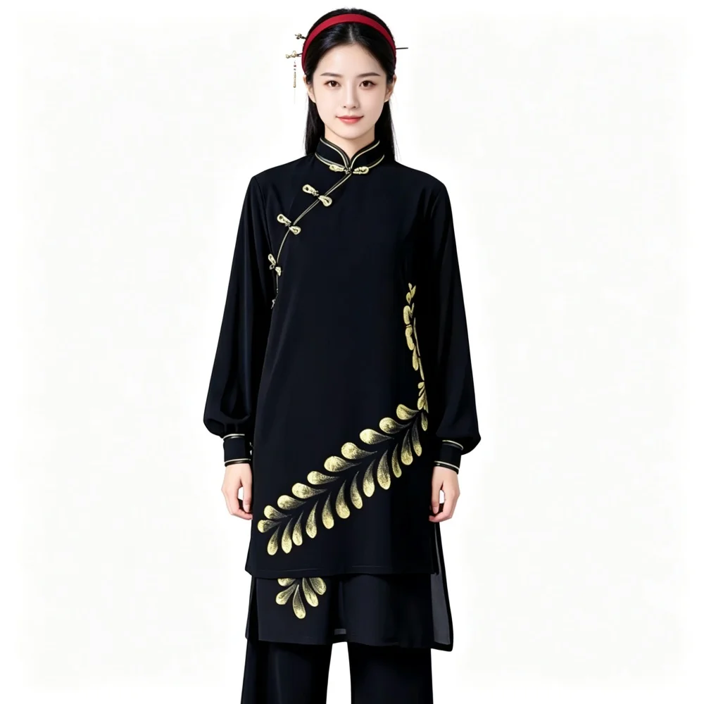 Women Chinese Tai Chi Uniform Set Traditional Mandarin Collar Gold Pattern Martial Arts Outfit For Practice Performance