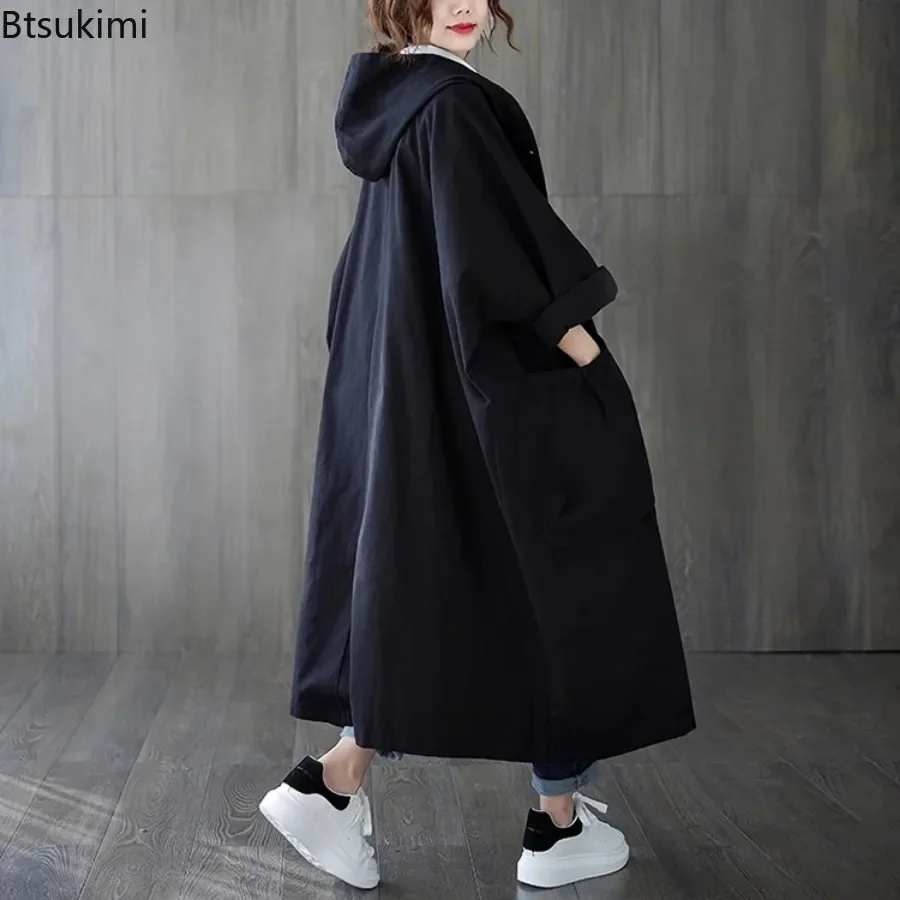 New 2024 Ladies Hooded Trench Coats Solid Loose Single-breasted Long Jacket for Daily Wear Women Windbreaker Casual Outerwear