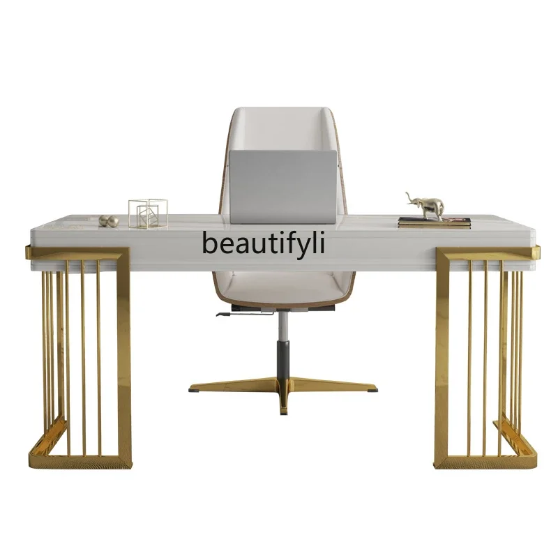 Light luxury desk stainless steel paint office tables and chairs household gold-plated Italian postmodern