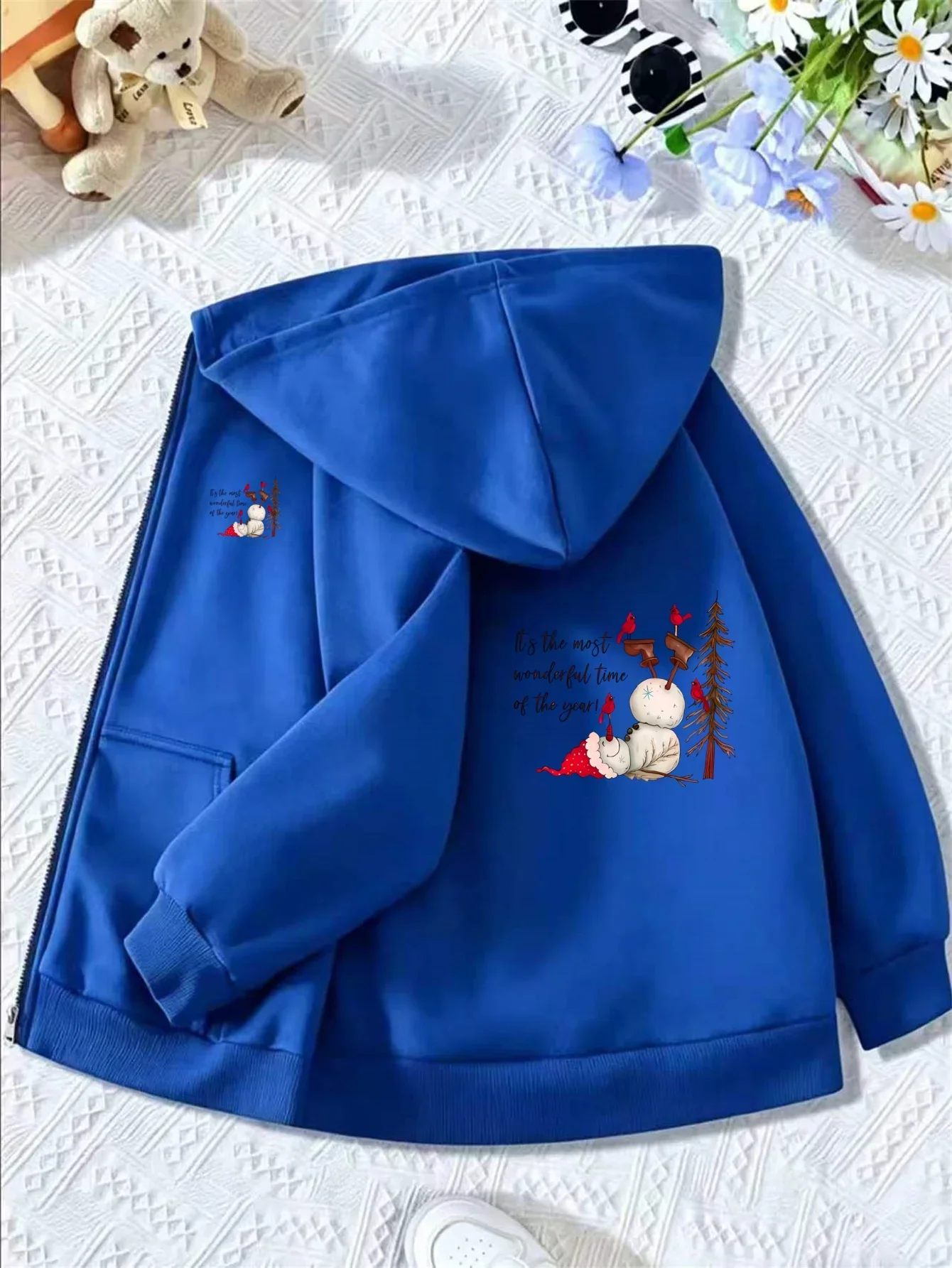 Autumn Winter Kids Fleece Lined Zip Hoodie Cartoon Christmas Snail Tree Print Casual Warm Children Hooded Coat