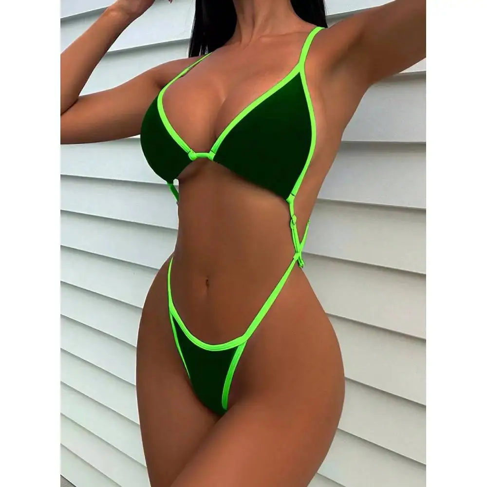 Cikini Summer Beach Women's Contrast Trim Halterneck One-Piece Swimsuit Sexy Swimwear Bathing Suit