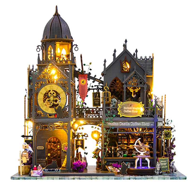 Diy de madeira huoluo castelo casa de boneca casas modelo em miniatura kit casa de bonecas mágica com luzes móveis para amigos presentes