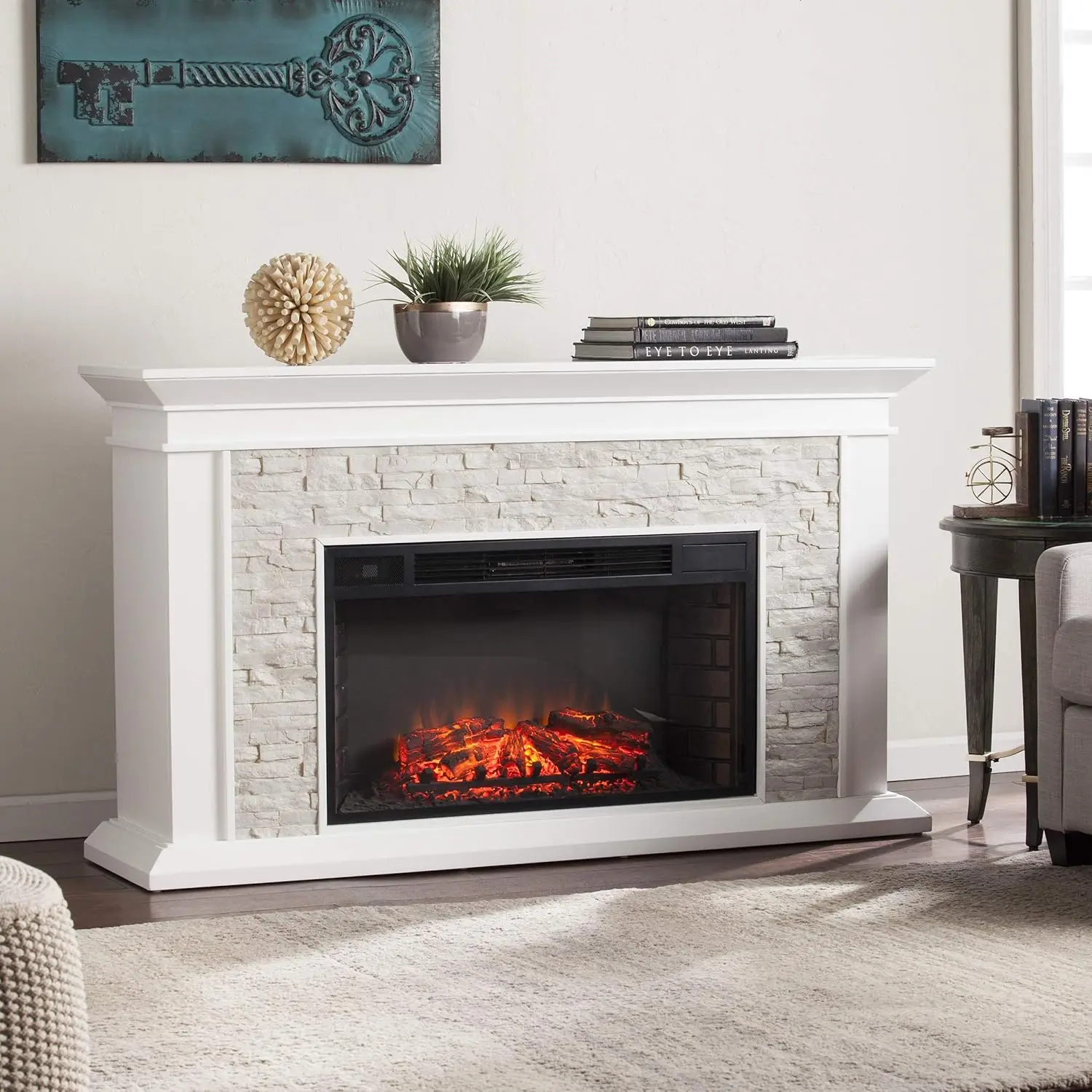 Canyon Heights Faux Stacked Stone Electric Fireplace, White