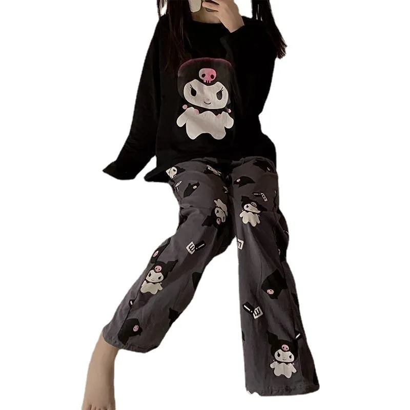 Sanrio Kuromi Round Neck Household Clothes Autumn Winter Pajamas Women Long Sleeved Trousers Loose Two-piece Household Clothes