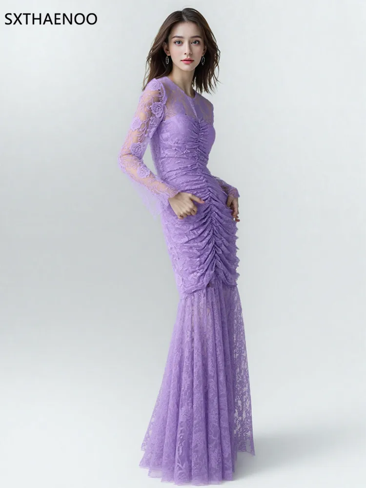 

Платье-русалка SXTHAENOO фиолетовое, приталенное, с прозрачными вставками и кружевом, с круглым вырезом, длинными рукавами, пэчворк, с драпировкой, женское, 2026