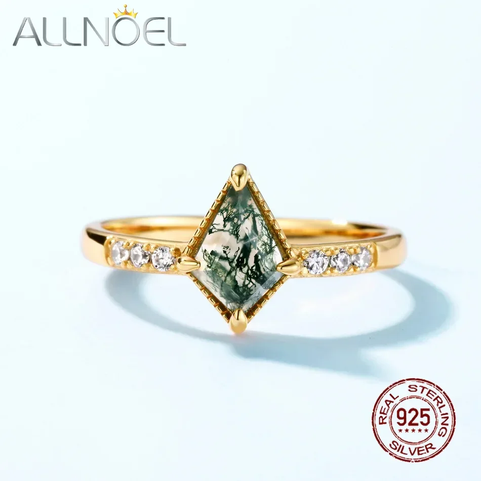 

ALLNOEL 925 Sterling Silver Rings For Women Natural 6*9mm Green Moss Agate Wedding Engagement Anniversary Unique Gift for Her