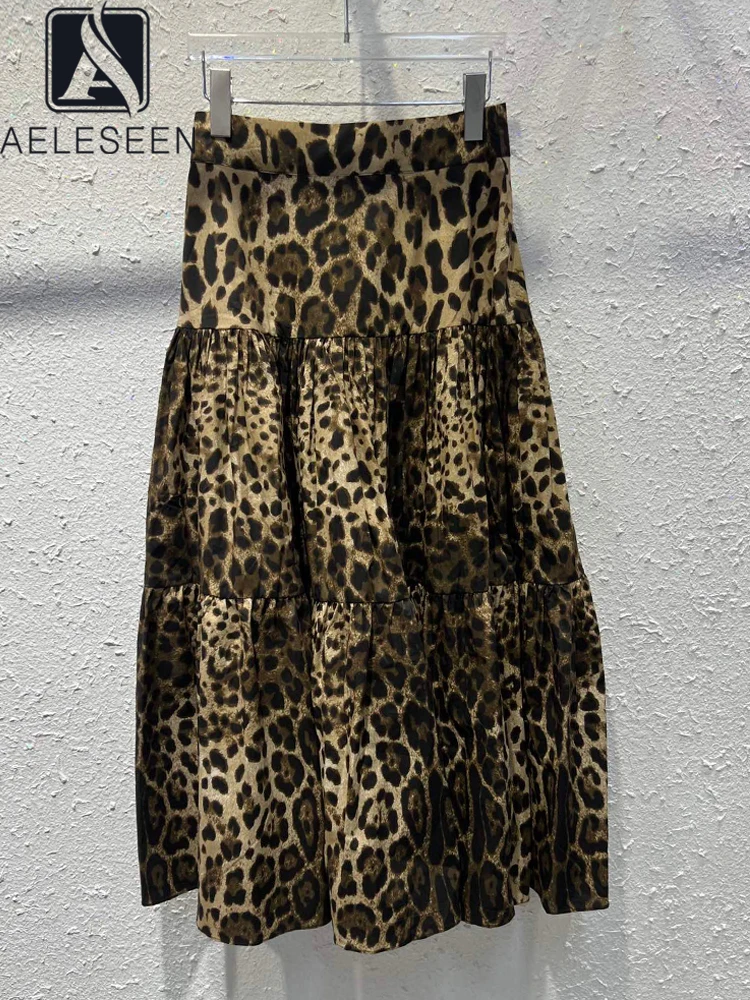 

AELESEEN Vintage Long 100% Cotton Skirt Women Autumn Winter Ruffles Leopard Print High Waist Elegant Party Vacation