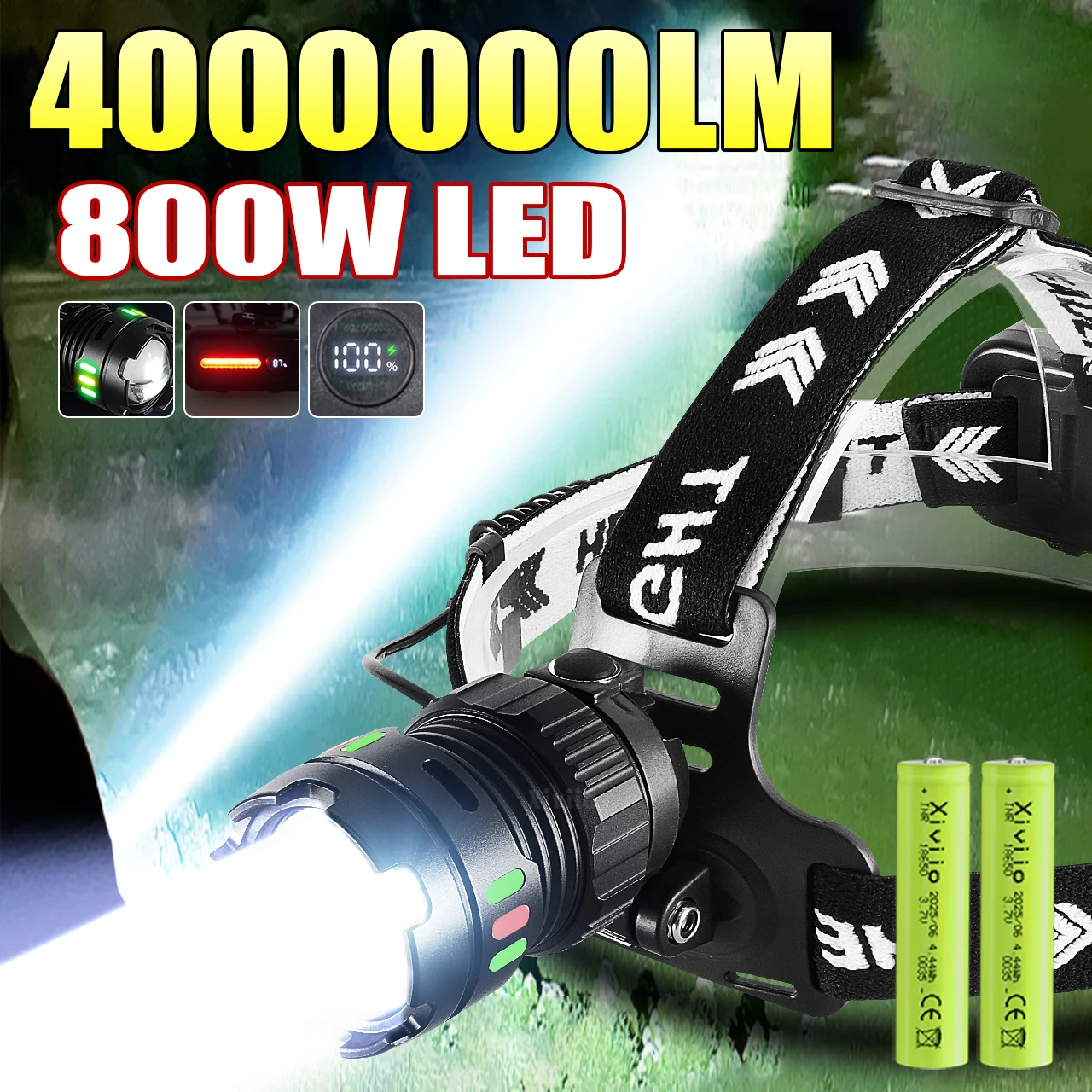 

4000000LM 800 Вт Самый мощный налобный фонарь 18650 Type-c Перезаряжаемый светодиодный налобный фонарик высокой мощности Рыболовный налобный фонарь Передний фонарь
