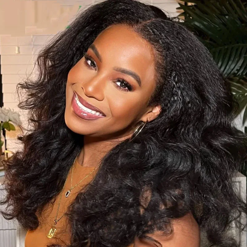 Soft Yaki Body Wave Preplucked Black Color 26Inch 180Density Kinky Straight Wavy Lace Front Wig Synthetic Baby Hair Glueless