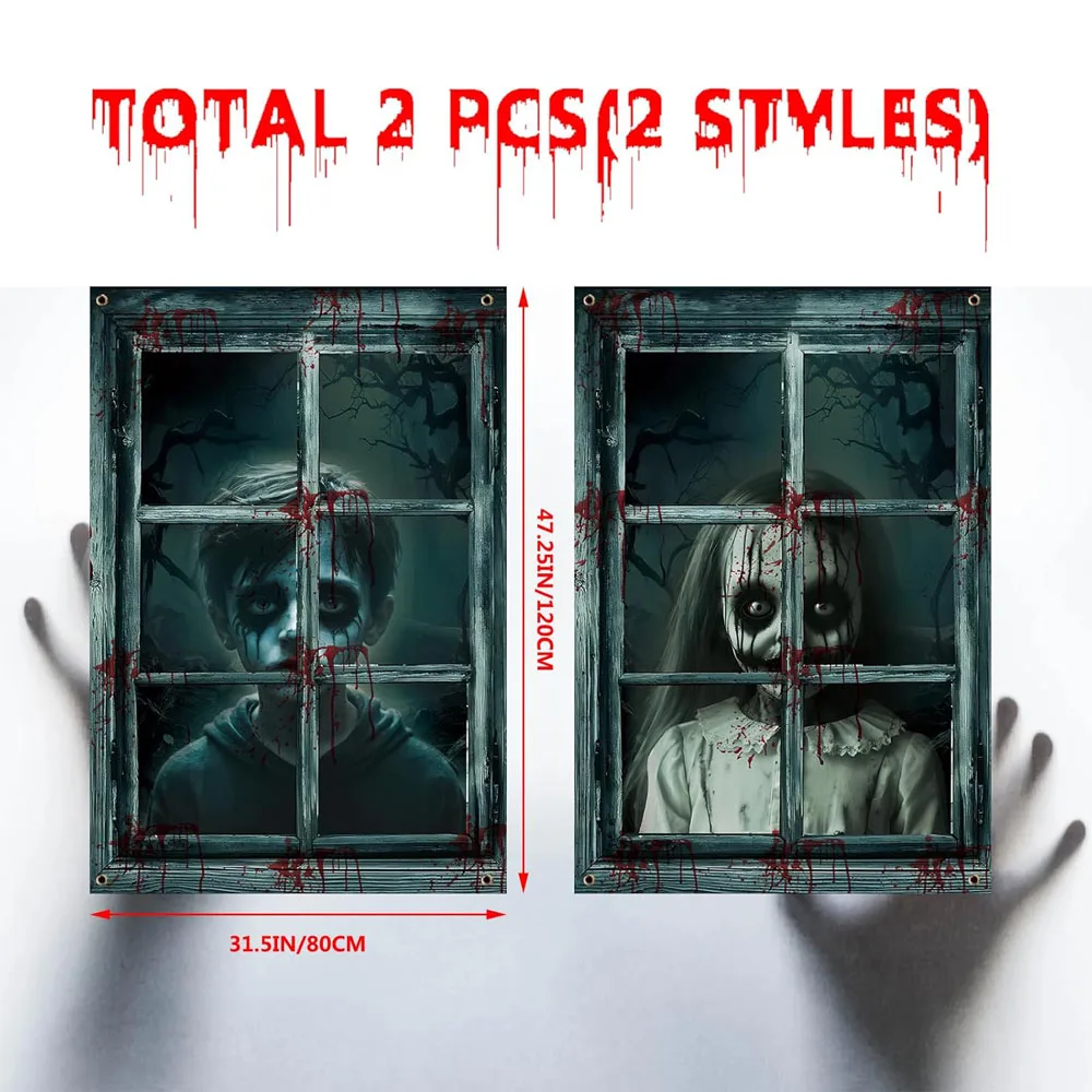 Halloween 2-Piece Door Window Set with Door Curtains And Background Hanging Cloth Terrifying Ghost Outdoor Decoration Scene