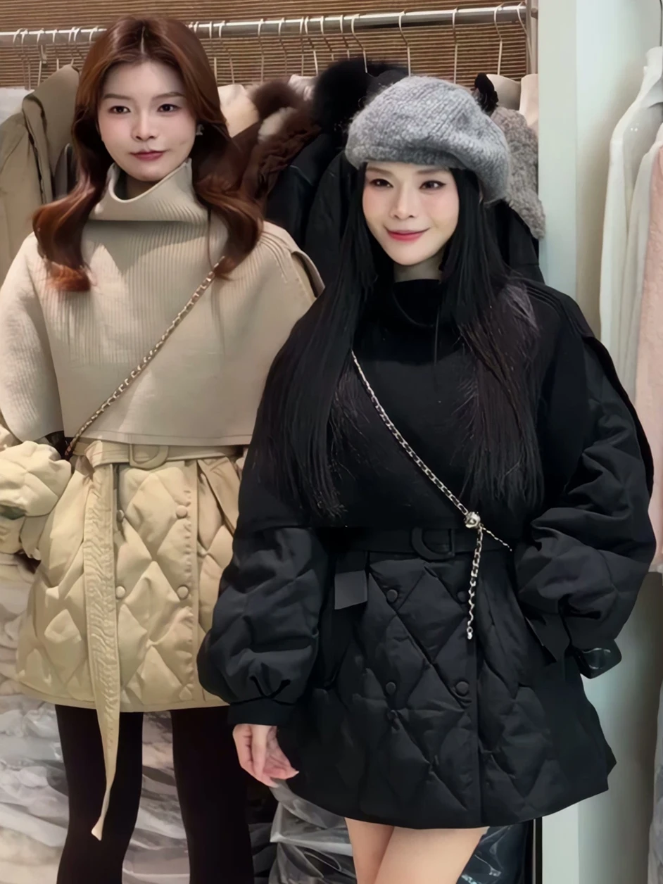 

Women's Knitted Scarf oulder Wrap Du down Jaet Slimming White Du Feather Waist-Cinching Diamond Pattern Outerwear