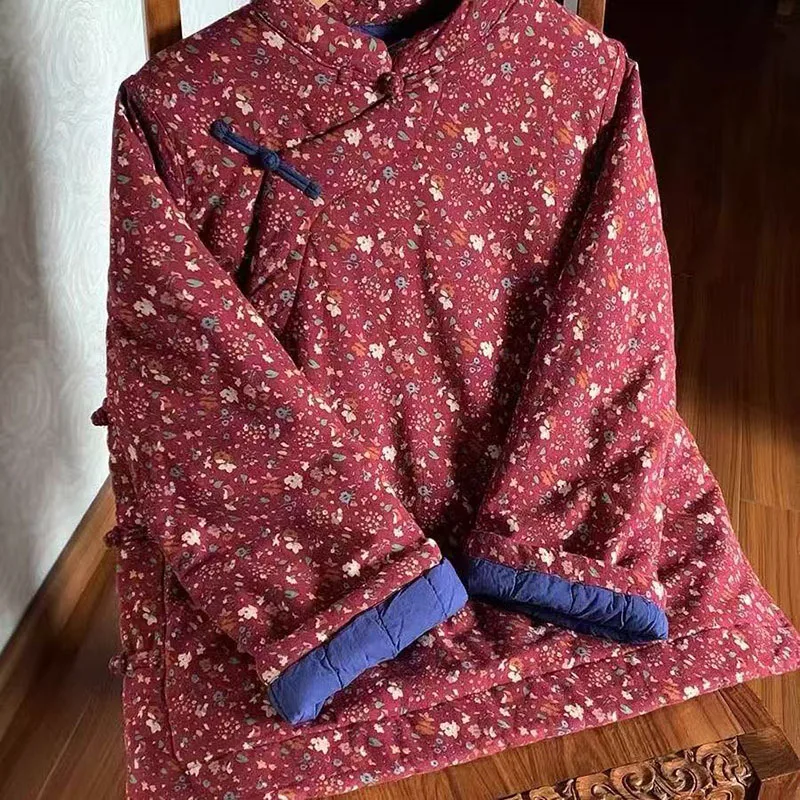 المرأة الخريف الشتاء الأزهار طباعة خط سترة الضفدع زر الوقوف كولور القطن رشاقته سترة الصينية معطف فضفاض #5