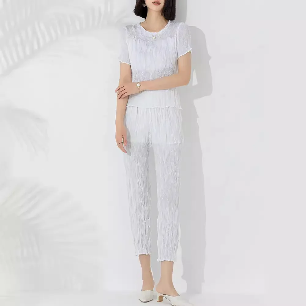 

Miyake Fashion Temperament Casual Suit Women 2024 Summer New Round Neck Pullover Twist Top High Waist Straight Nine-Point Pants