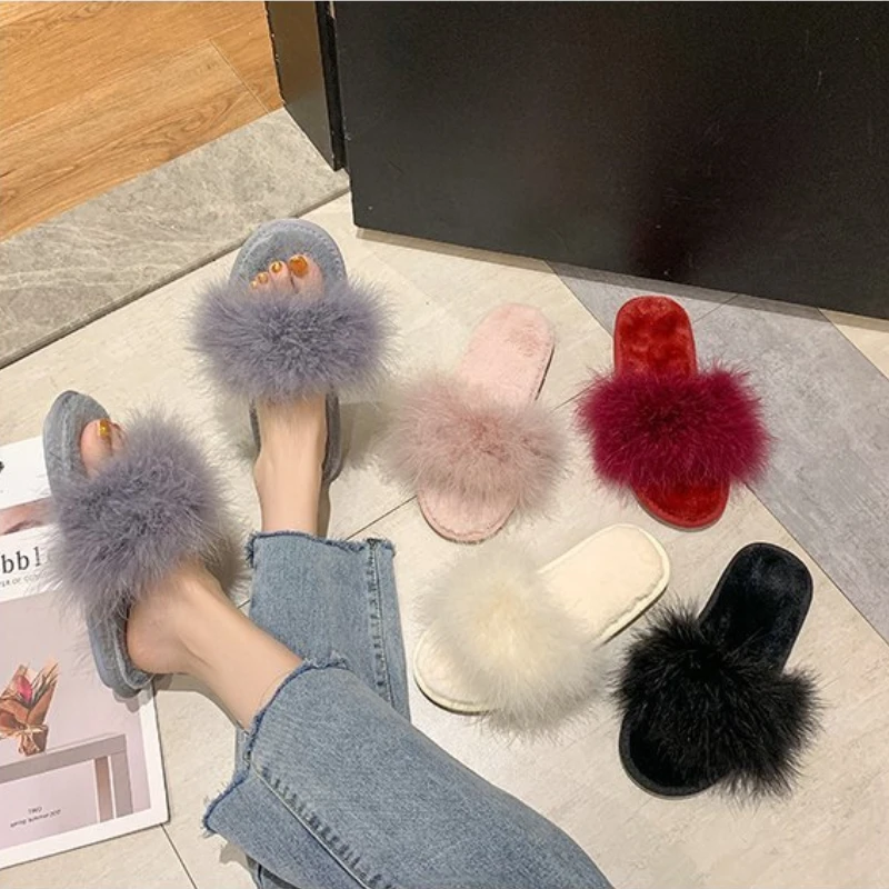 Leisure Plush Slipper for Woman Women\'s Autumn Winter Ostrich Feather Slippers Footwear Lightweight Flats Non-slip Home Slippers