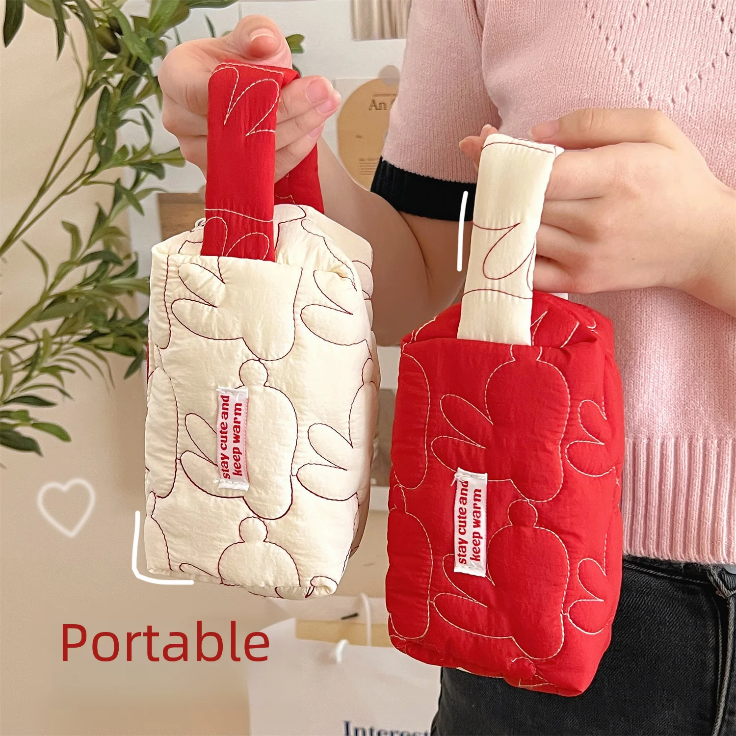 Cute Portable Large Capacity Embroidered Cotton Rabbit Makeup Bag Women Storage Bag Students Stylish Daily Match