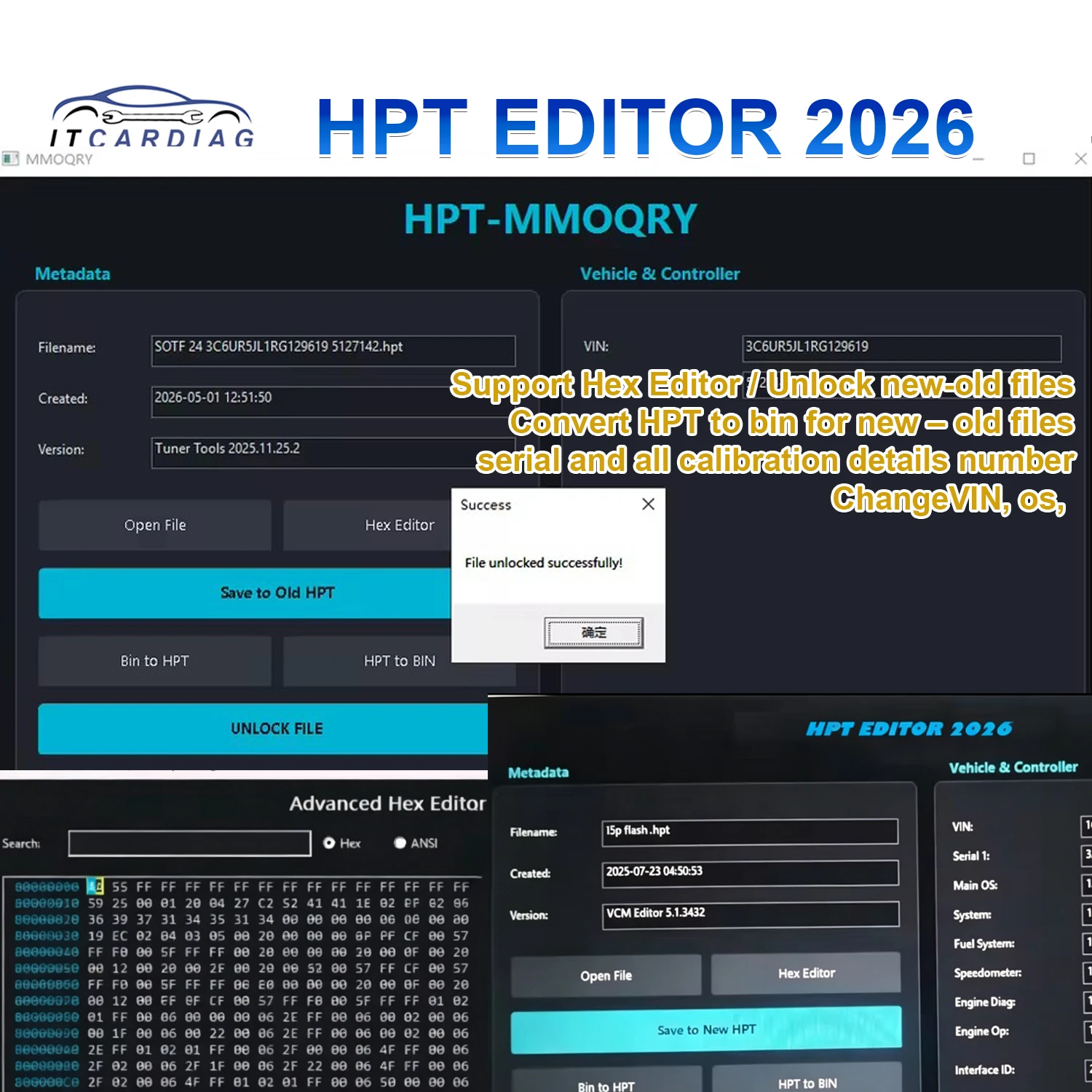 HPT Editor 2026 Converter HPT to BIN Unlocker VIN/OS/Serial Edit Hex Full Calibration Convert New Old File Hex Editor Change VIN