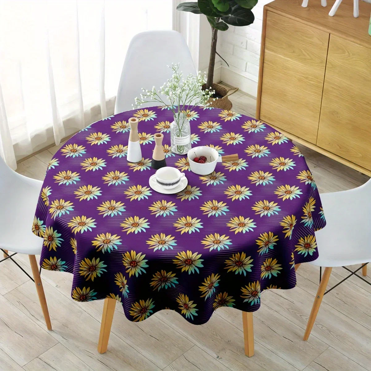 One round polyester tablecloth - Summer purple sunflower pattern, durable and machine washable for restaurant decorationxzj